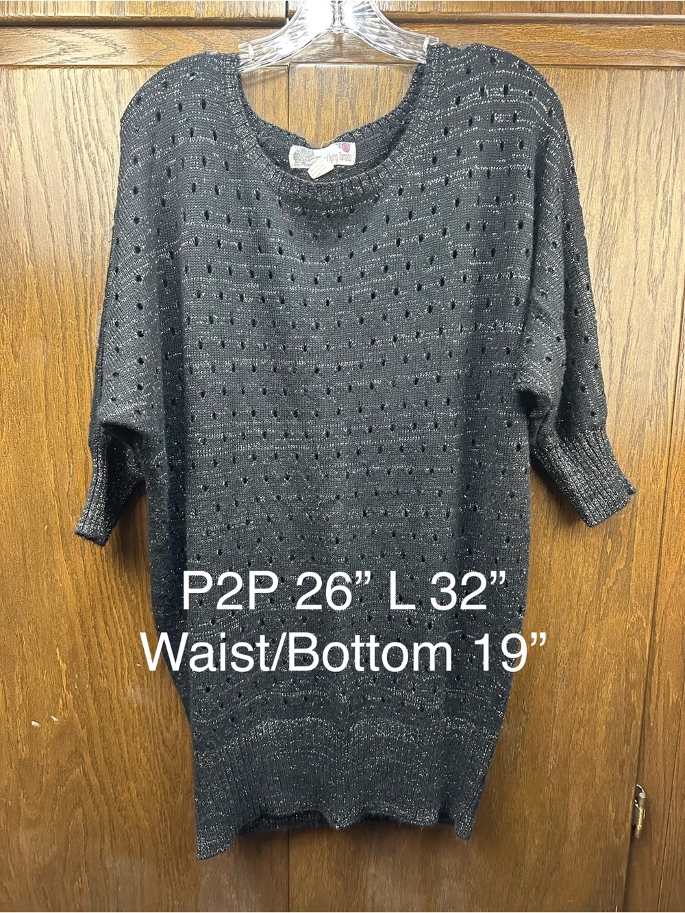 Flying Tomato Black Open-Knit Scoop Neck Sweater with Metallic Flecks